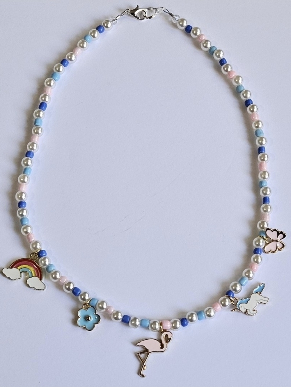 Girls Pastel Beaded Flamingo Charm Necklace - Pink, Blue, White